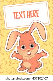 Cute pink bunny rabbit friendly smiling postcard with pattern background vector cartoon illustration