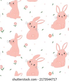 cute pink bunny rabbit pattern seamless isolated on white background, nursery animal hand drawing vector
