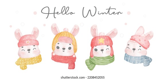 cute pink bunny rabbit with winter outfit cloth watercolour illustration vector hand drawing