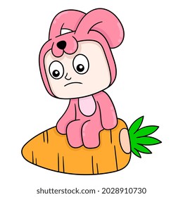 cute pink bunny sitting on a giant carrot, vector illustration art. doodle icon image kawaii.