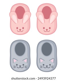 Cute pink bunny slippers and cat slippers. Soft and cozy house slippers with rabbit bunny face and kitten face. Vector illustration