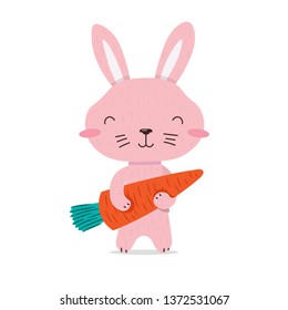 Cute pink Bunny smiling and holding in the paws a carrot. Kawaii little vegetable lover, vegetarian rabbit. Flat hand drawn illustration kid's poster. Cartoon animal character set. Child theme.