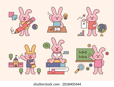 Cute pink bunny is studying at school. outline simple vector illustration.