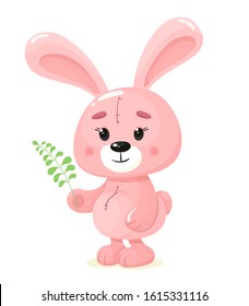 Cute pink bunny with a twig. Vector kids print with cute bunny in cartoon flat style.