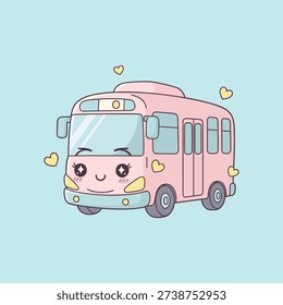 Cute pink bus with smiling face and hearts in pastel style.eps
