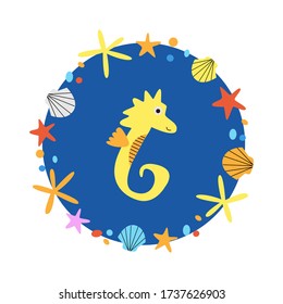 Cute pink butterfly fish isolated white background. Vector illustration of little kawaii sea creature with stars and bubble in flat cartoon style