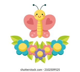 Cute pink butterfly flies over flowers. Flat vector illustration in cartoon style. Great for print, sticker, poster, card and other design.