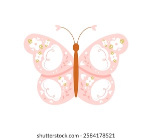 Cute pink butterfly with flowers and leaves in wings isolated on white background. Whimsical boho butterfly vector. Hand drawn flat cartoon illustration. Summer and spring moth