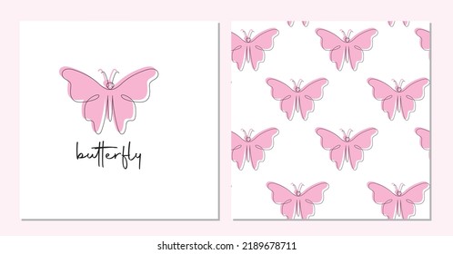 Cute pink butterfly and seamless repeating pattern. Hand drawing vector for kids clothes and for fashion fabrics.