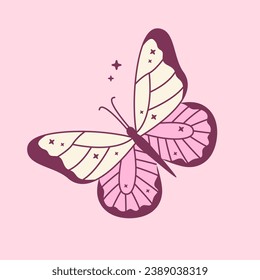 Cute pink butterfly with stars decor in y2k style. Beautiful girly insect. Coquette collage, poster, print, sticker, card design. Vector illustration.