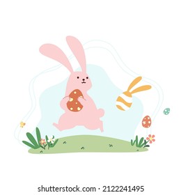 Cute pink buuny hold an easter egg and running on the grassland flat vector illustration isolated on white background. Happy Easter. Cute pastel animal character.