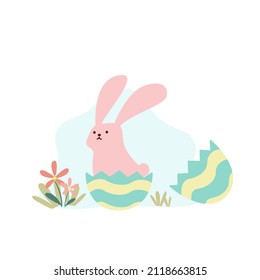 Cute pink buuny inside easter egg vector illustration isolated on white background. Happy Easter. Cute pastel animal character.