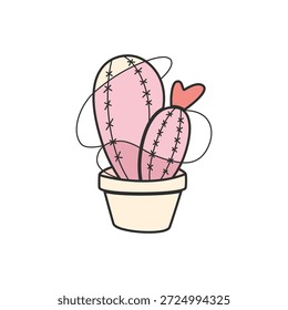 Cute pink cactus with heart shape element in flower pot. Minimalistic doodle style vector illustration perfect for Valentine s Day cards, stickers, kids design and decor.