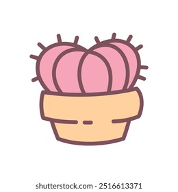 Cute pink cactus icon. Hand drawn illustration of a heart-shaped succulent isolated on a white background. Kawaii St. Valentine day sticker. Vector 10 EPS.