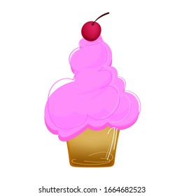Cute pink cake with a cherry on an isolated white background. Cartoon sweet delicious ice cream.