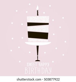 Cute pink cake with happy birthday wish. Modern Greeting card template.  Vector Illustration