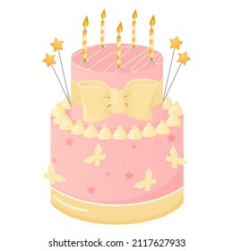 Cute pink cake for little girl with big bow and butterfly. Vector clipart on white background.