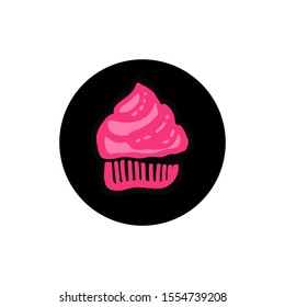 Cute pink cake on black round concept. Icon in cartoon hand drawn style. Vector doodle illustration. Branding logo hand made sweet shop, confectionery. Sweet sugary holiday birthday dessert.