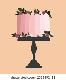 Cute pink cake on plate concept. Dessert and delicacy. Homemade food, bakery and flour sweet product. Holiday and festival. Cartoon flat vector illustration isolated on beige background