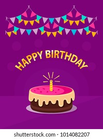 Cute pink cake with one candle, garland and text "happy birthday" isolated on violet background. Icon in flat style. Vector design concept can be used for greetings cards, invitations, posters, banner