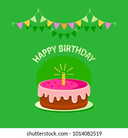 Cute pink cake with one candle, garland and text "happy birthday" isolated on green background. Icon in flat style. Vector design concept can be used for greetings cards, invitations, posters, banners