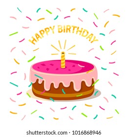 Cute pink cake with one candle, confetti and text "happy birthday" isolated on white background. Icon in flat style. Vector design concept can be used for greetings cards, invitations, posters, banner