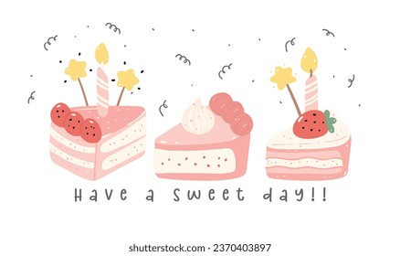 cute pink cake slice sweet summer cartoon flat design idea for invitation banner, birthday card, joyful events and cheerful celebrations.