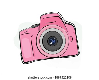 Cute pink camera isolated on white background. Vector illustration.