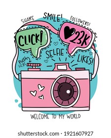 Cute pink camera vector illustration design for fashion graphics, t shirt prints, posters, stickers etc