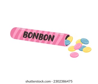 Cute pink candies in package. Sweet chewing bonbons. Vector illustration.