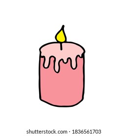 Cute pink candle for Christmas, doodle style positive illustration. Happy new year decoration, holiday print. Hand drawn vector illustration isolated on white. Cartoon colorful design for children