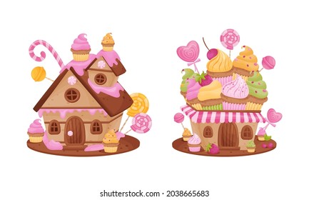 Cute pink candy houses set. Lovely cottages made of cupcakes and candies cartoon vector illustration