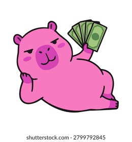 Cute pink capybara cartoon character vector illustration lying down relaxedly while holding a fan of dollar banknotes