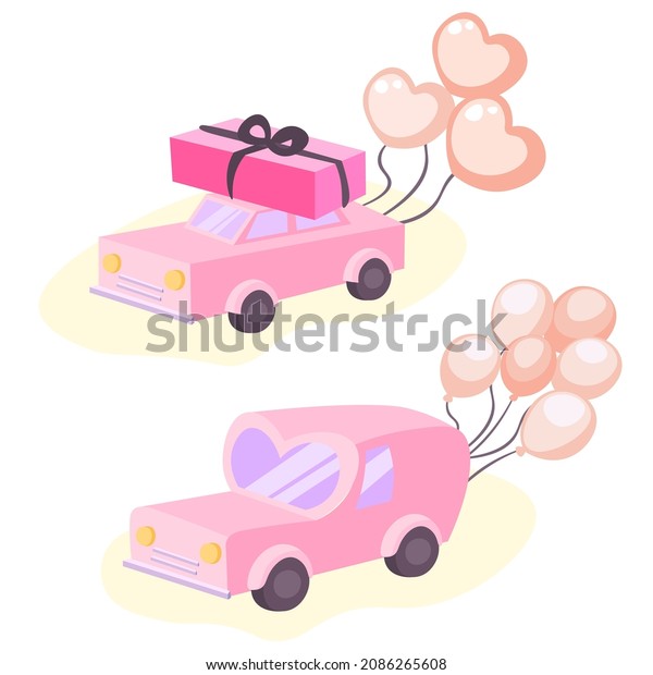 Cute pink car delivering gift and balloons.\
Special delivery service for Valentines day, wedding or birthday.\
Romantic vector illustration in doodle cartoon style. For card, web\
banner, invitation.