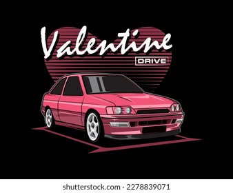 cute pink car illustration vector design graphic with striped love background