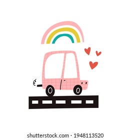 Cute pink car rolling on a road, rainbow and heart shapes isolated on white. Cartoon automobile vehicle with texture doodle drawing clipart. Scandinavian style flat vector illustration, childish print