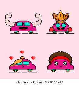 Cute pink car sticker with different poses vector pack isolated on pink 