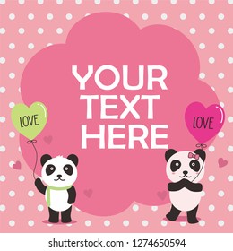Cute pink card design template with panda character 