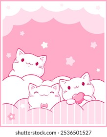 Cute pink card with kawaii kittens. Baby card with little pets in adorable style. Childish print with funny cats for t-shirt design. Vector illustration EPS8