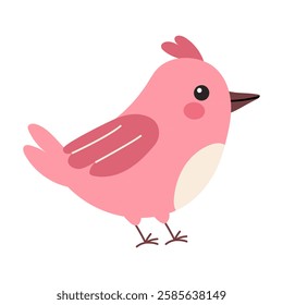 Cute pink cartoon bird with small wings and beak standing on a white background, perfect for children's illustrations and designs