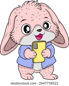 A cute pink cartoon bunny happily holding a green smartphone, perfect for technology and animal themes