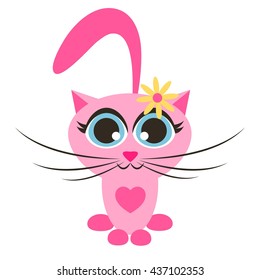 Cute pink cartoon cat with flower