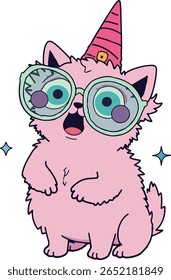 A cute, pink cartoon cat wearing oversized glasses and a striped party hat, with a surprised expression and sparkling stars around it.
