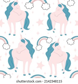 cute pink cartoon character unicorns with rainbows and stars seamless vector pattern background illustration