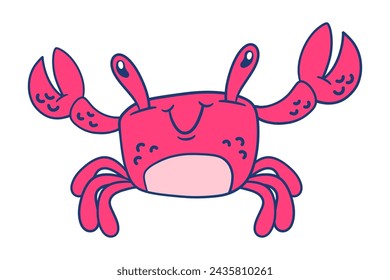 Cute pink cartoon crab vector illustration isolated on white background.