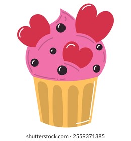 Cute pink cartoon cupcake with hearts and chocolate sprinkles in flat style. Happy Valentines day design element.