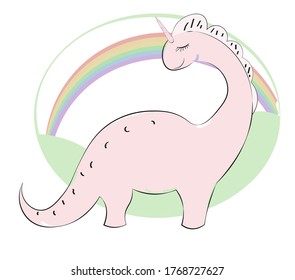 cute pink cartoon dinosaur unicorn Diplodocus and rainbow, Picture in hand drawing cartoon style, for t-shirt wear fashion print design, greeting card, postcard. baby shower. party invitation.