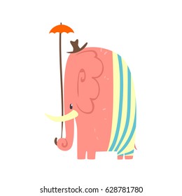 Cute pink cartoon elephant girl with umbrella and hat. Jungle animal colorful character vector Illustration