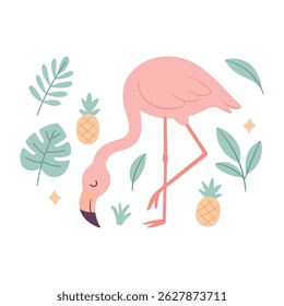 Cute pink cartoon flamingo standing on one leg, surrounded by tropical leaves and a pineapple, creating a relaxed and summery atmosphere. Summer vacation vibe. Vector illustration isolated on white.