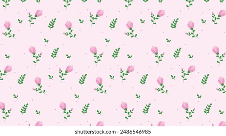 cute pink cartoon flower with leaf, branch, flower bud seamless pattern in pink background for fabric print, paper print, social media, party print or any use. flower doodle